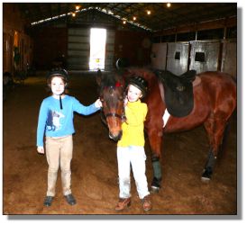 Riding students, Mary Lillian and Isabel with "Miranda", American Saddlebred/Hackney cross pony.